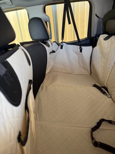 Customer photo review of NEW Waterproof Hard Bottom Car & Truck Seat Foldable Hammock Cover With Storage Pockets, Side Flaps, Headrest Straps, Seat Anchors, & Mesh Window (+FREE SAFETY BELT!)
