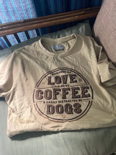 Customer photo review of Powered by Love, Fuelled by Coffee, Easily Distracted by Dogs T-SHIRT