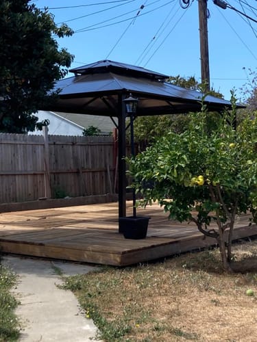 Customer photo review of Homrest 10' x 13' Gazebo Polycarbonate Double Roof Canopy Outdoor Aluminum Frame Pergola, Permanent Pavilion with Netting and Curtains