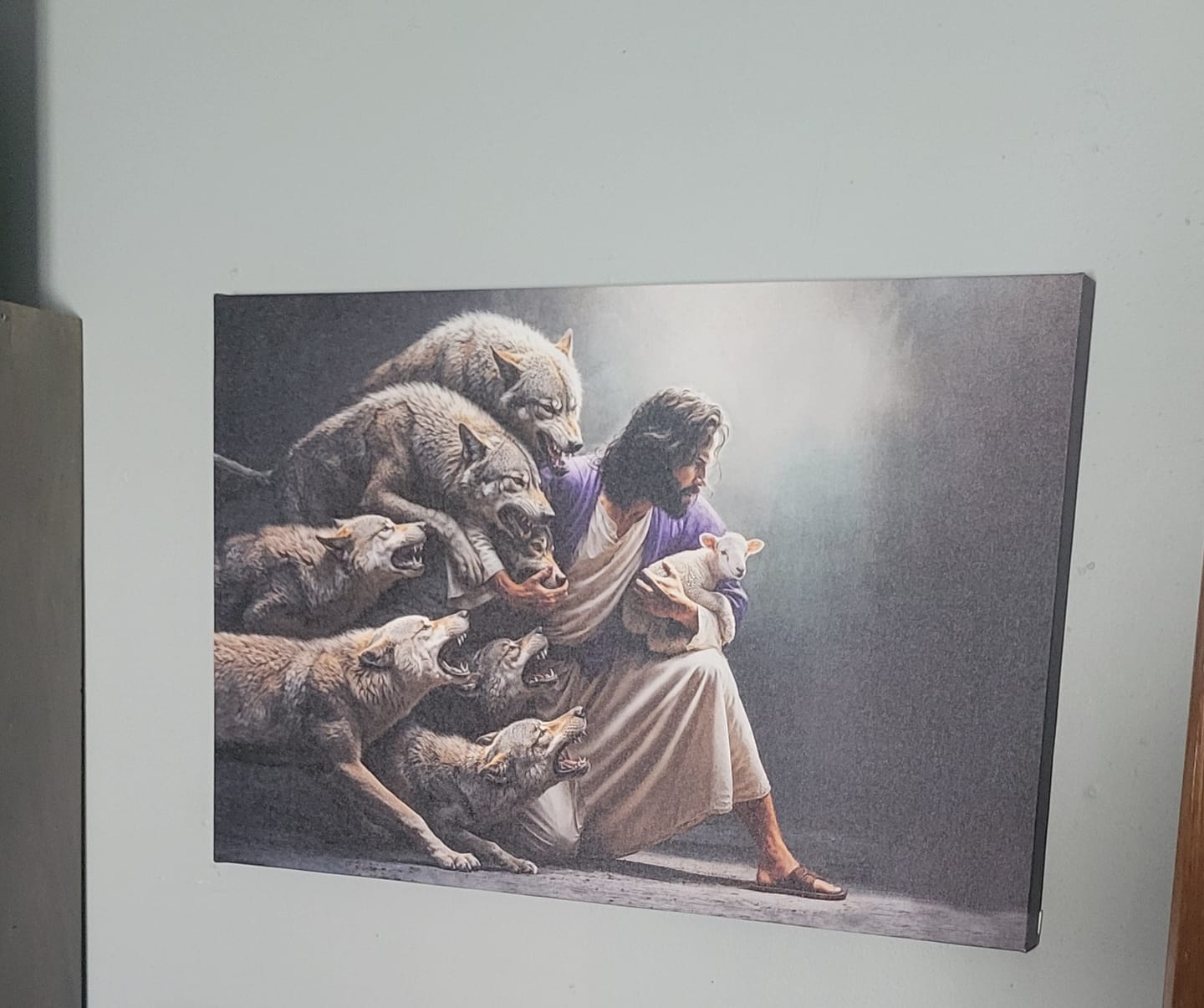 Customer photo review of Jesus Protects The Lamb From Wolves Wall Art Canvas