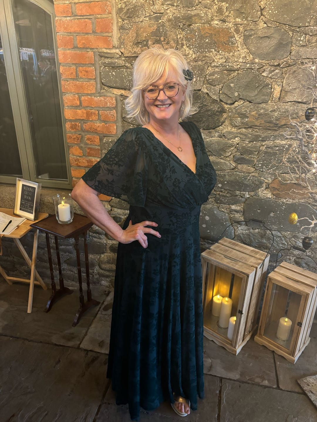 Customer photo review of Elizabeth Dark Green Flocked Mesh Maxi Gown