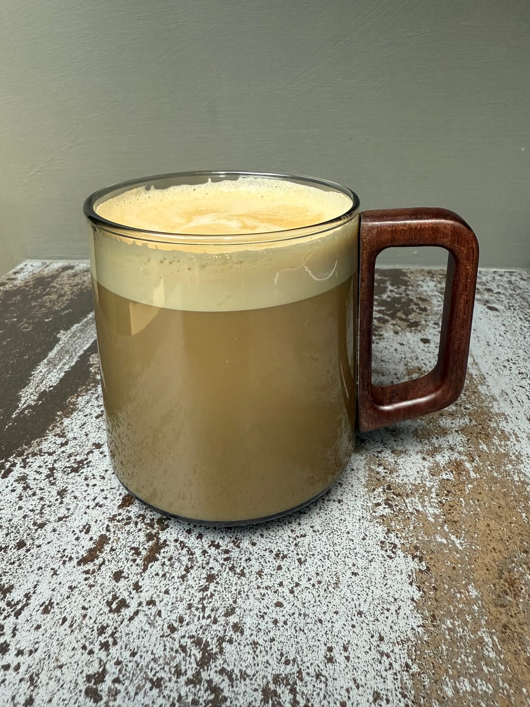 Customer photo review of Smokey Gray Glass Slanted Coffee Cups With Wooden Handle