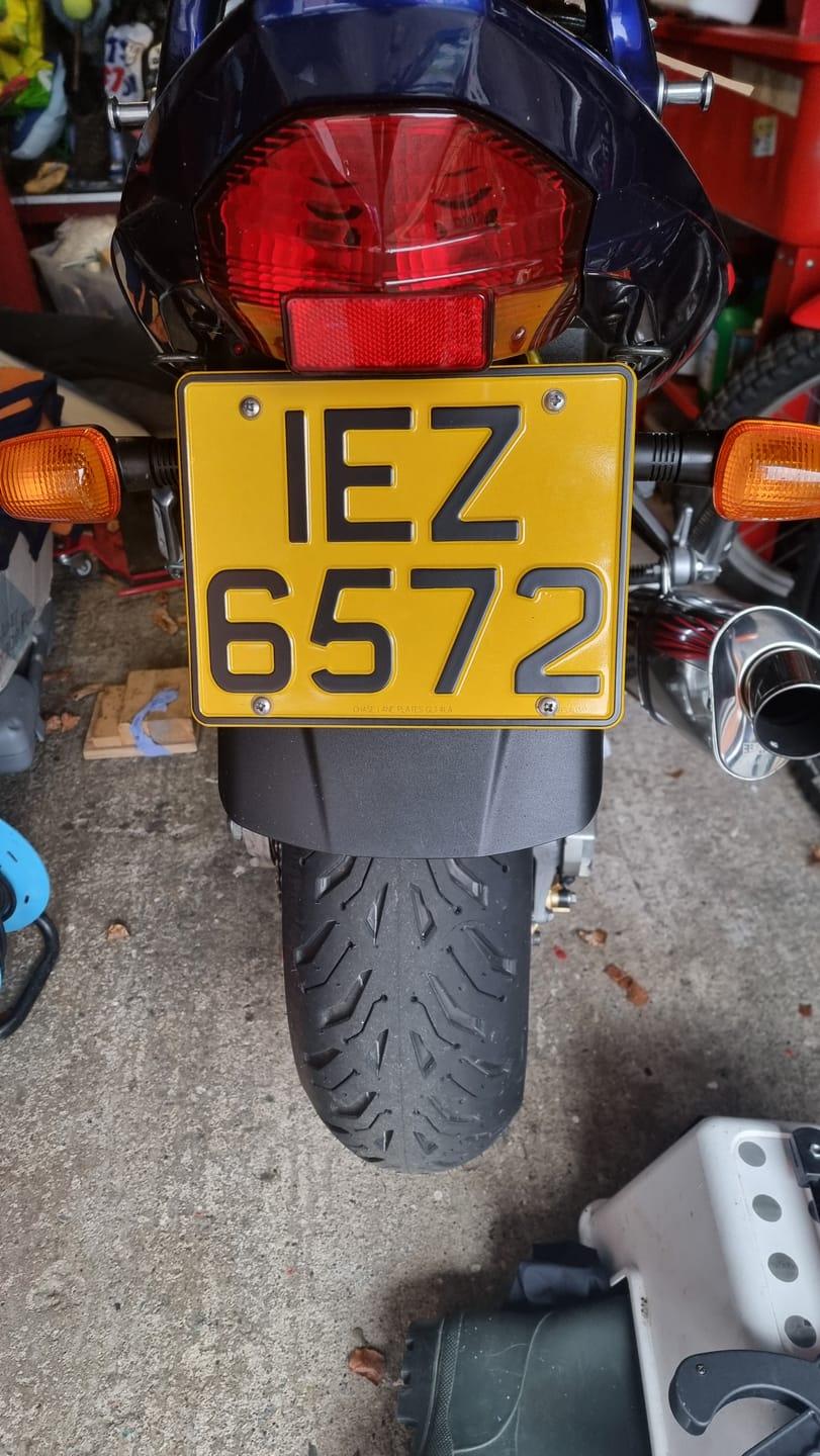 Customer photo review of Metal Pressed Motorcycle Number Plate – 9 x 7 Inches