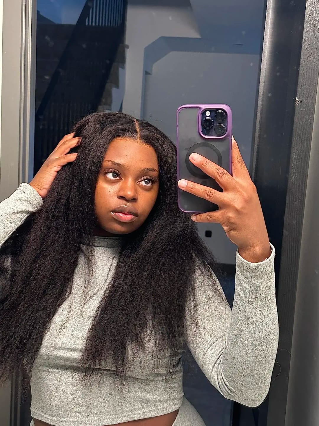 Customer photo review of MORE FACE Pre-bleached Kinky Straight Wear Go Glueless Wig 7x5 Pre-cut HD Lace Pre-plucked