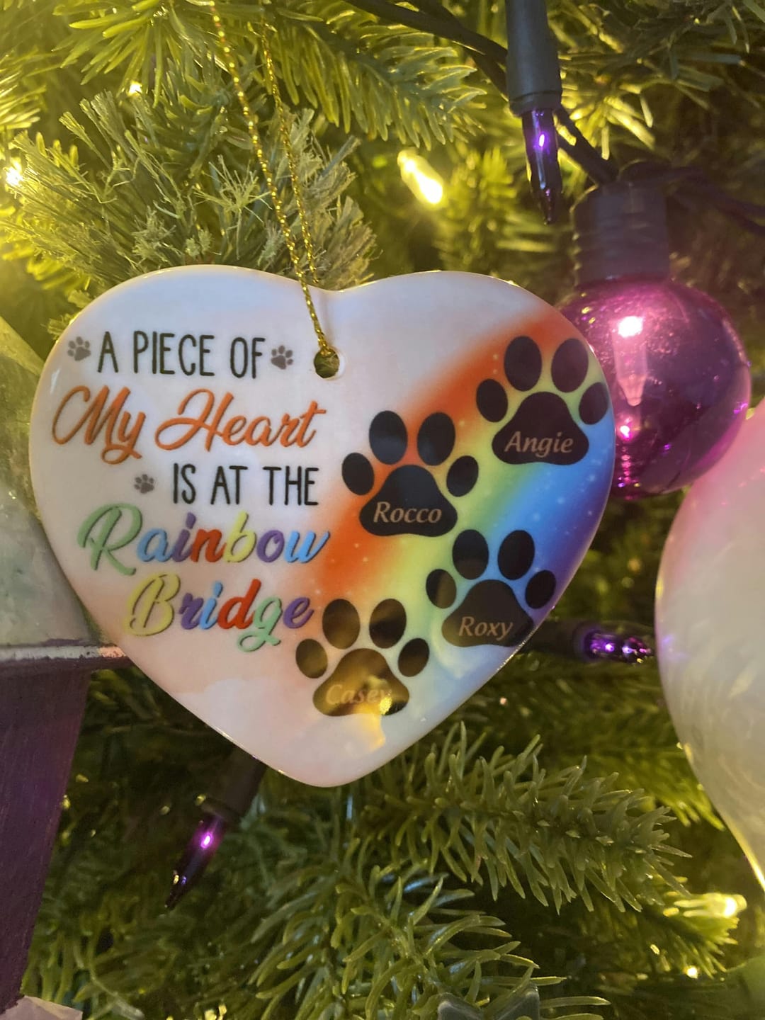 Customer photo review of A Piece Of My Heart Is At The Rainbow Bridge - Dog Memorial Gift - Personalized Custom Heart Ceramic Ornament OW0001