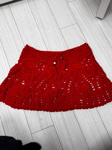 Customer photo review of Red Crochet Openwork Beading Beach Cover Up Mini Skirt