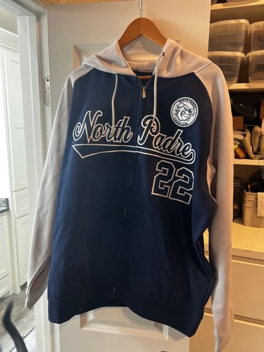 Customer photo review of Custom Stitched Navy White-Gray Raglan Sleeves Sports Full-Zip Sweatshirt Hoodie