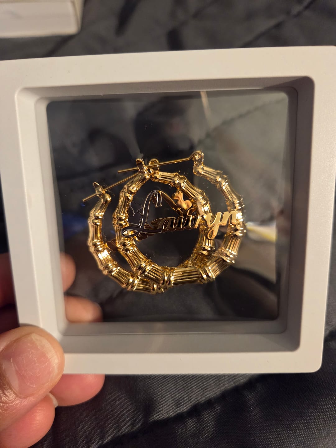 Customer photo review of Lovely Name Bamboo Hoop Earrings