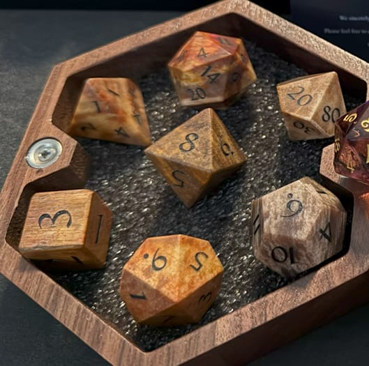 Customer photo review of URWizards D&D Petrified Wood Gemstone Engraved Dice Set(Limited edition)