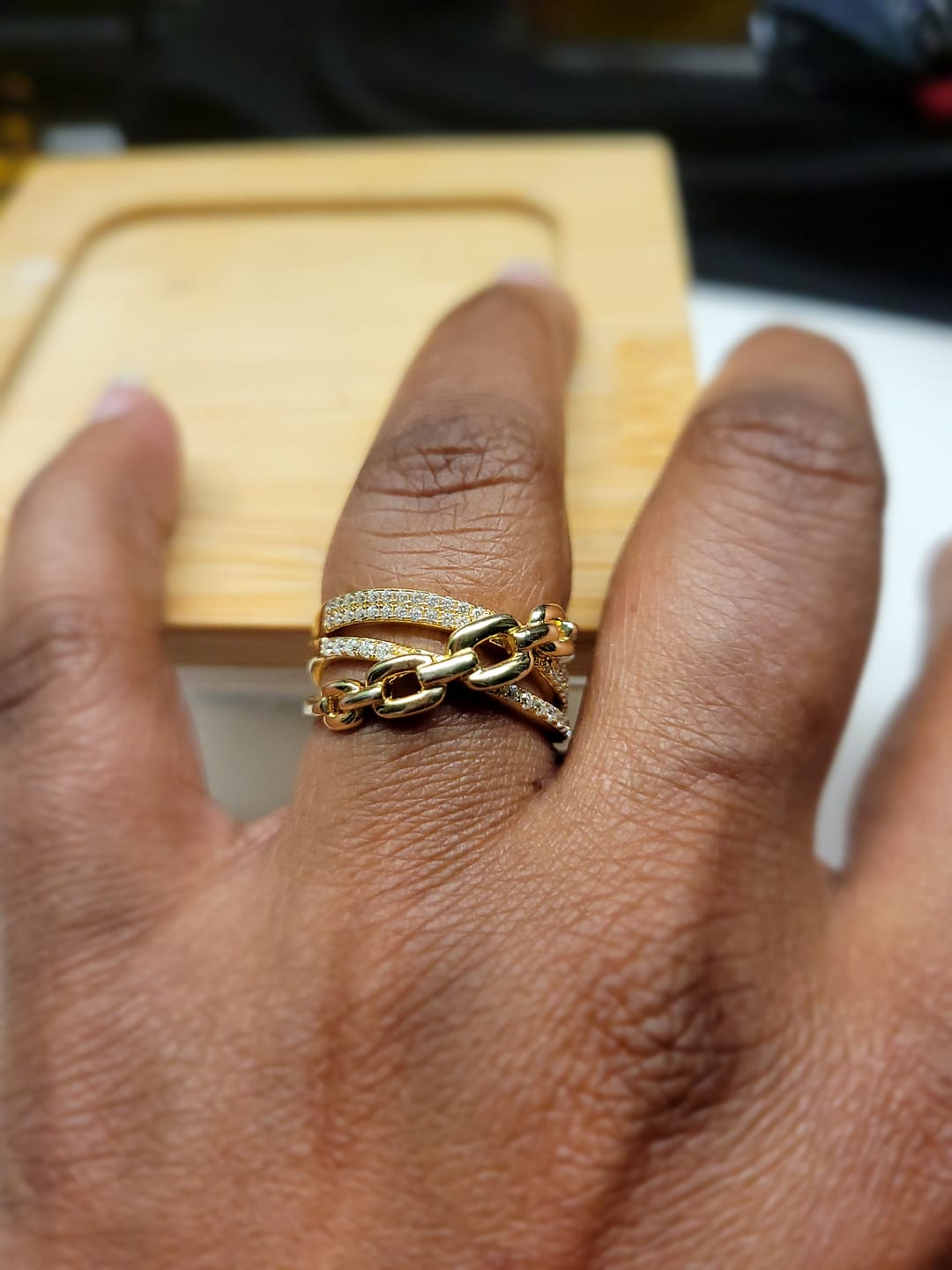 Customer photo review of Triple Criss-Cross Moissanite Interlocking Half Eternity Wedding Band Ring
