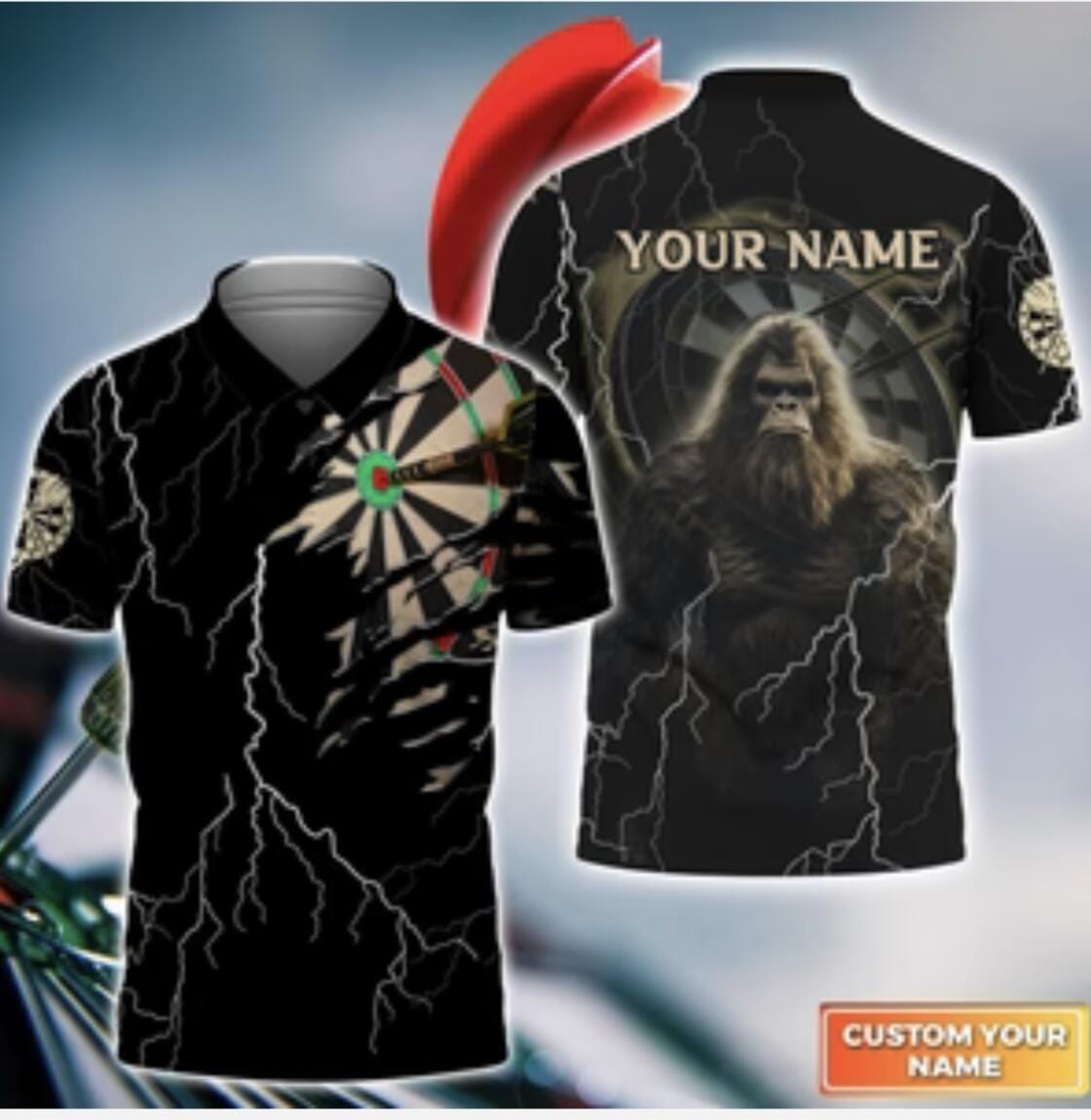 Customer photo review of Bullseye Dartboard Personalized Name 3D Bigfoot And Darts Polo Shirt For Dart Player DMO0026
