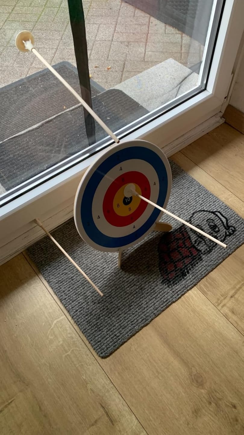 Customer photo review of Kinderbogen - Holzspielzeug, mit Saugnapfpfeilen, Köcher & Zielscheibe