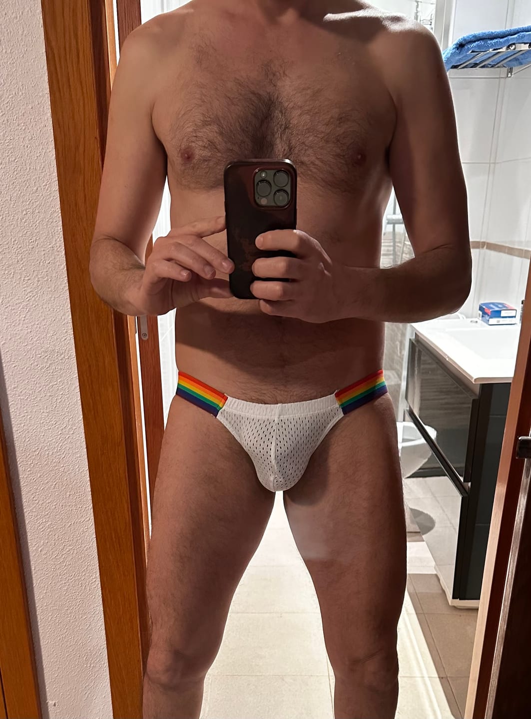 Customer photo review of Men's Sexy Rainbow Pride Mesh Bikini