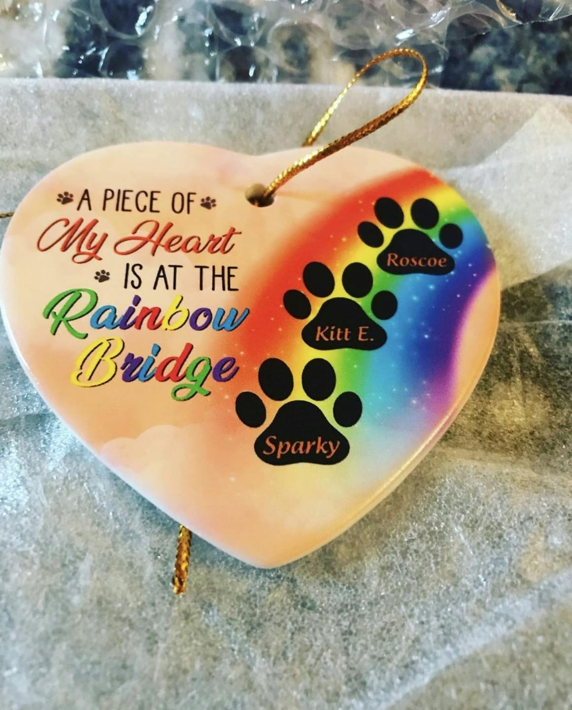 Customer photo review of A Piece Of My Heart Is At The Rainbow Bridge - Dog Memorial Gift - Personalized Custom Heart Ceramic Ornament OW0001
