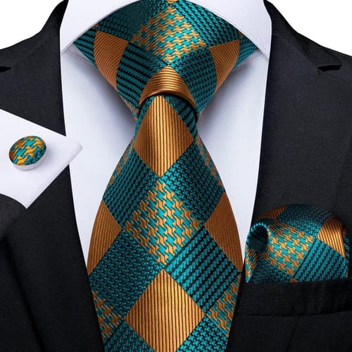 Customer photo review of Ties2you Golden Tie Plaid Men's Silk Necktie Hanky Cufflinks Set