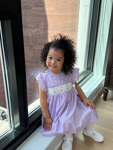 Customer photo review of Easter Friends Smocked Lavender Beverly Dress