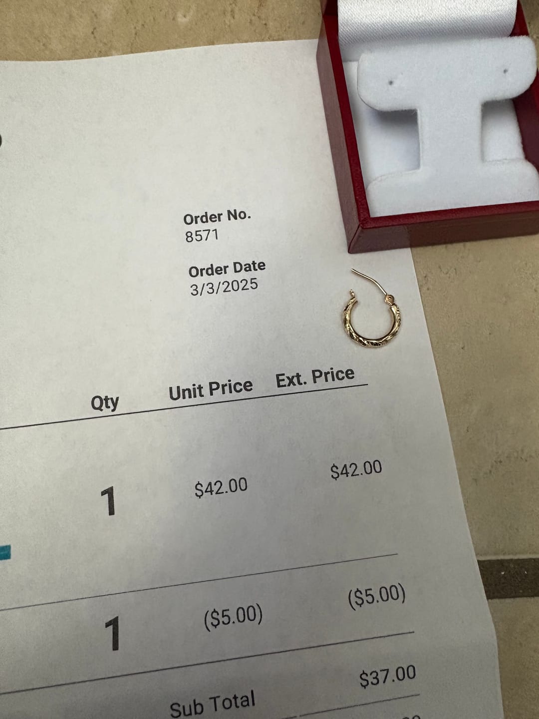 Customer photo review of Single Replacement 14k Yellow Gold Classic Hoop Earring, 2mm