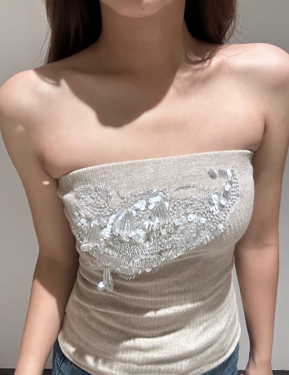 Customer photo review of ROVENTE Embellished Strapless Knit Top