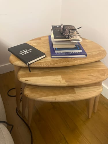 Customer photo review of Ahşap Zigon Sehpa 3'lü Set - Doğal Masif Kestane Ağacı (Ercol Stil)