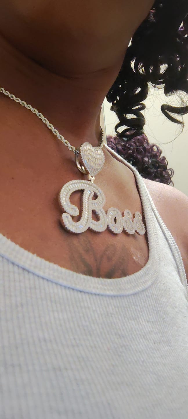 Customer photo review of ICED HEART CUSTOM CURSIVE NAME BAGUETTE NECKLACE