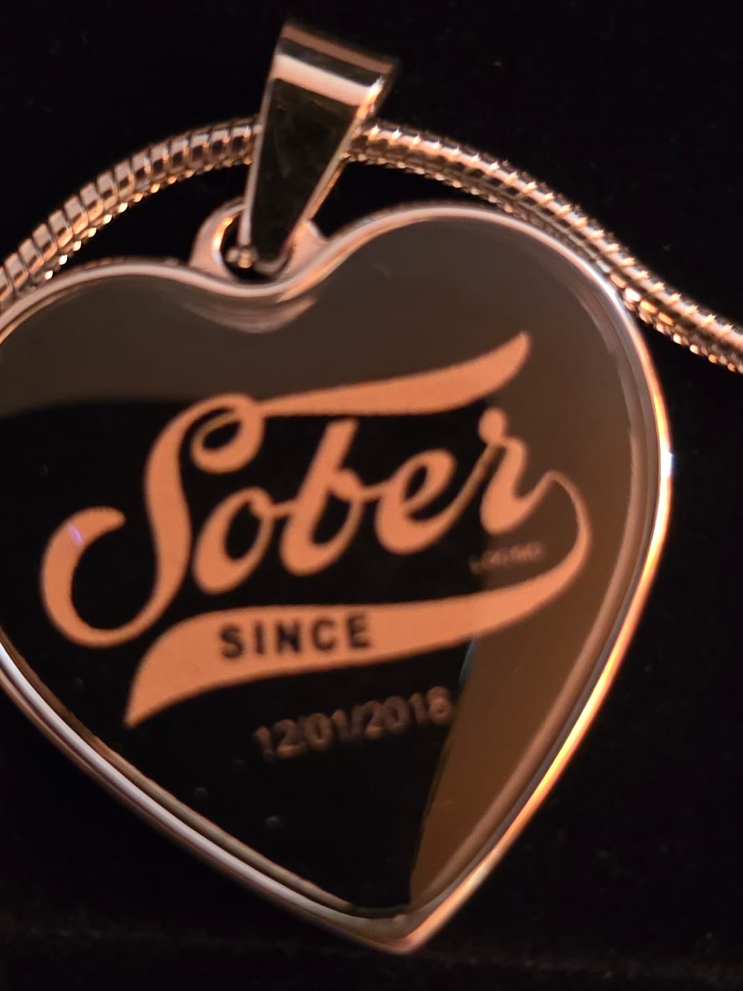 Customer photo review of Sober Since Heart Necklace  w/ Personalized Sobriety Date