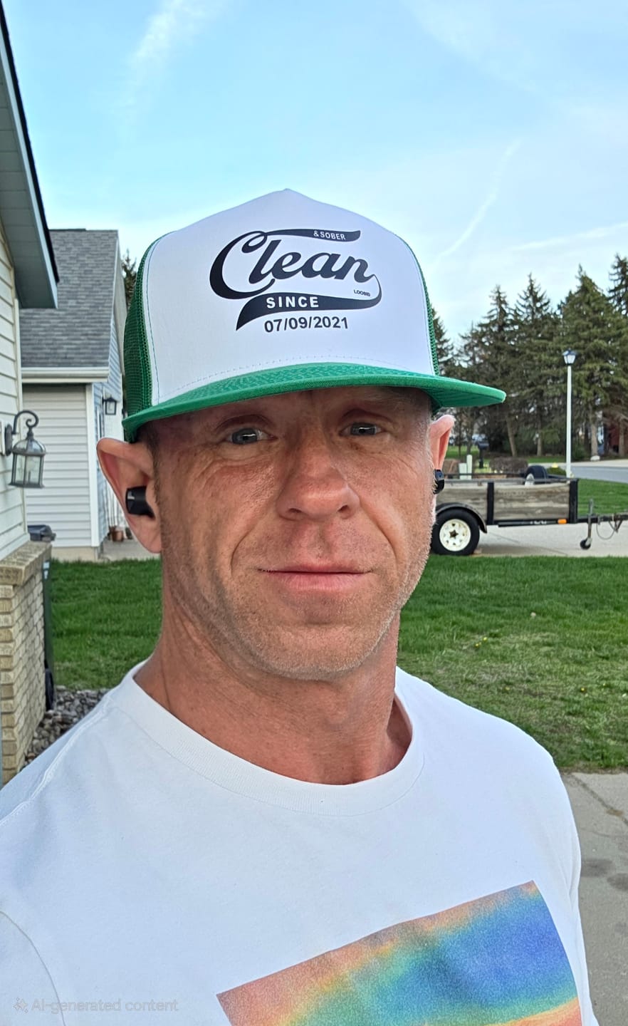Customer photo review of Mens’s Clean & Sober Since Trucker Hat w/ Personalized Sobriety Date