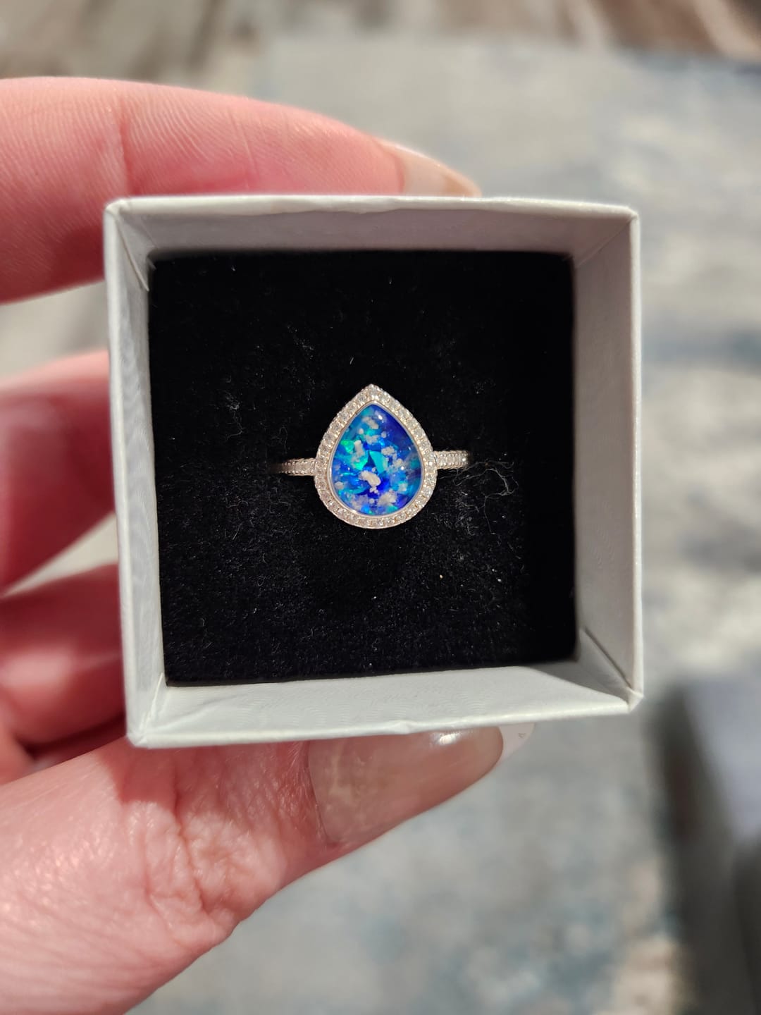 Customer photo review of Bedazzled Pear Opal Ring with Cremation Ashes