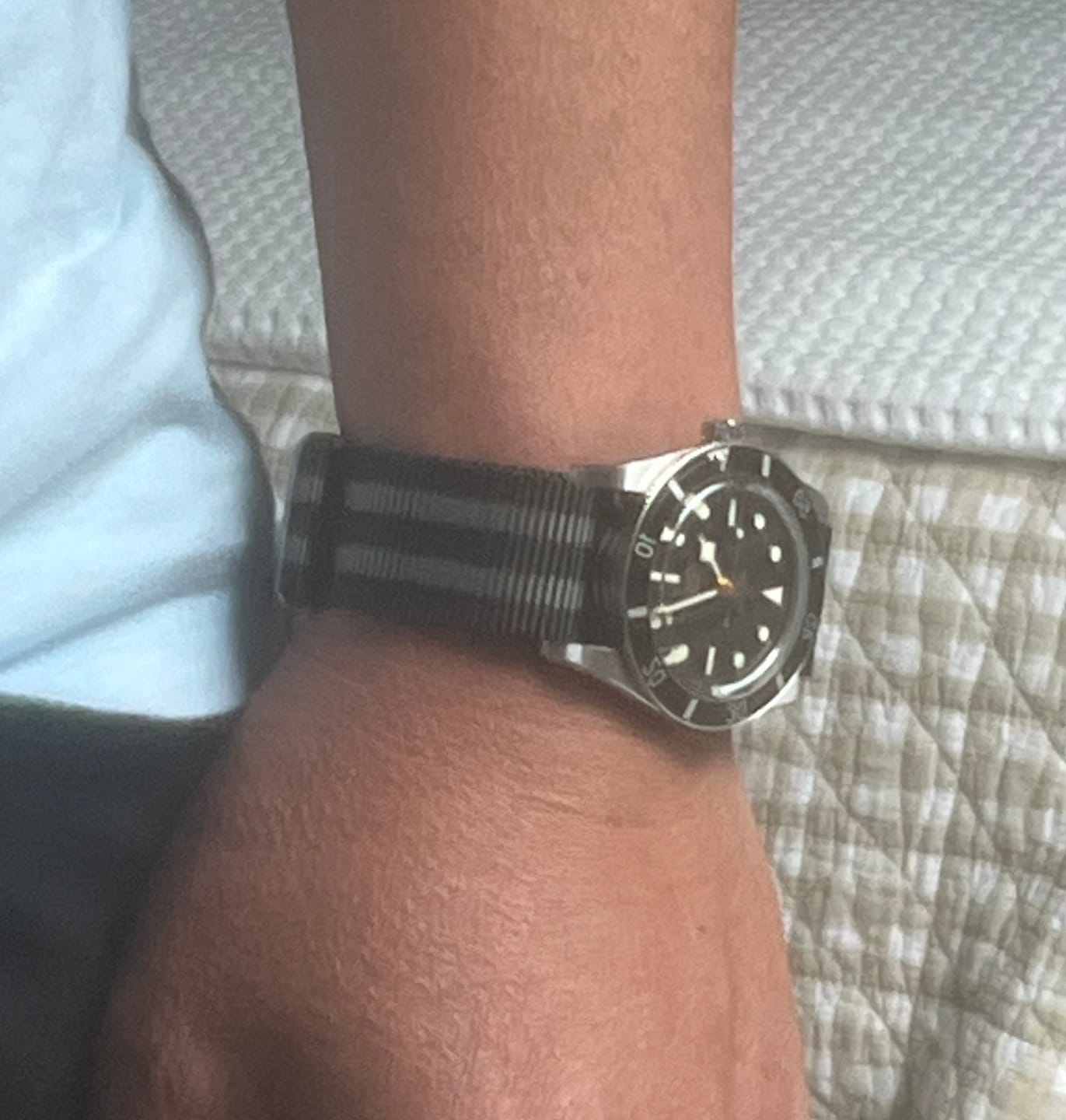 Customer photo review of Black and Grey Striped Nylon Single-Piece