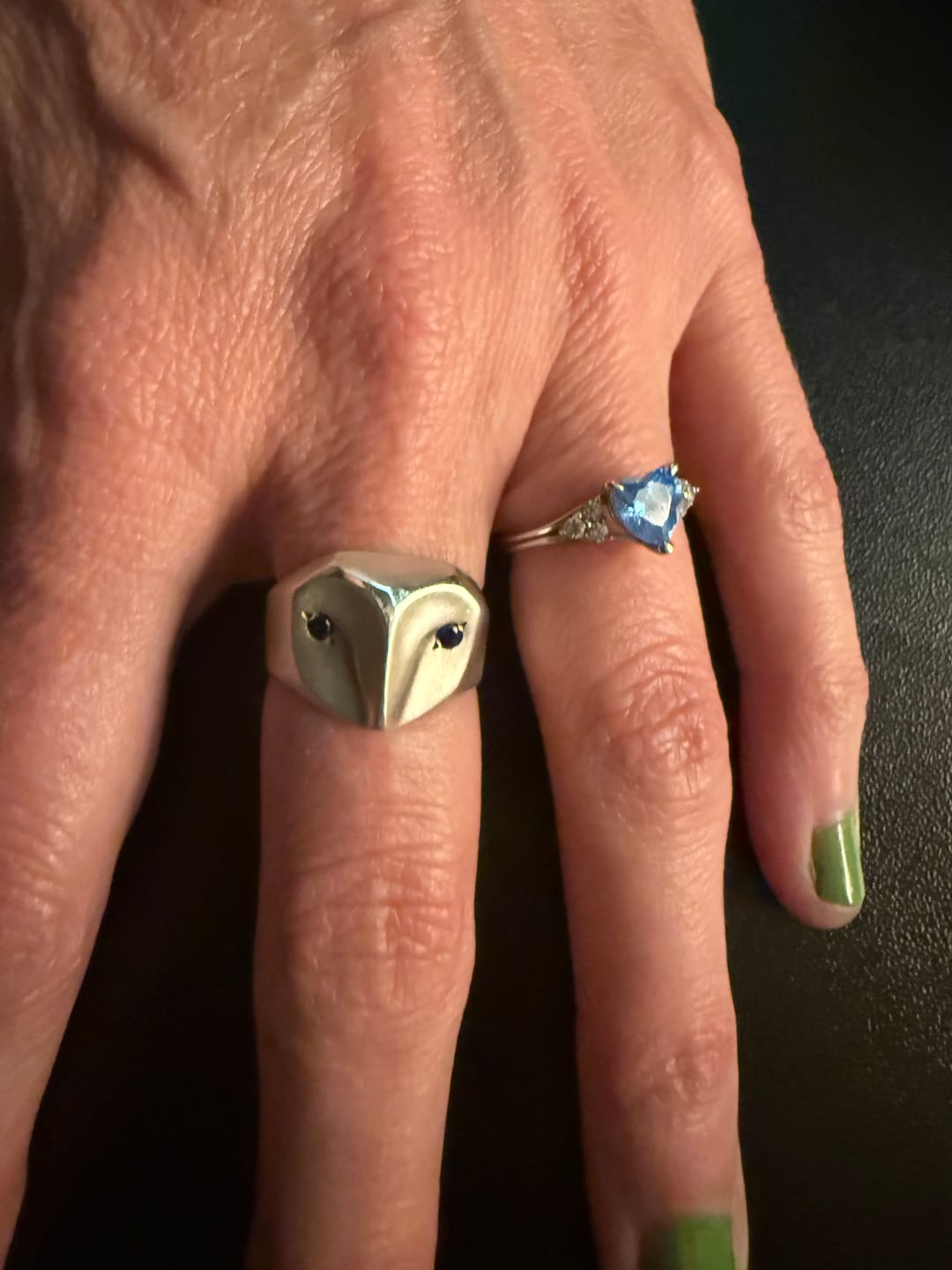 Customer photo review of Owl Ring with Sapphire Eyes
