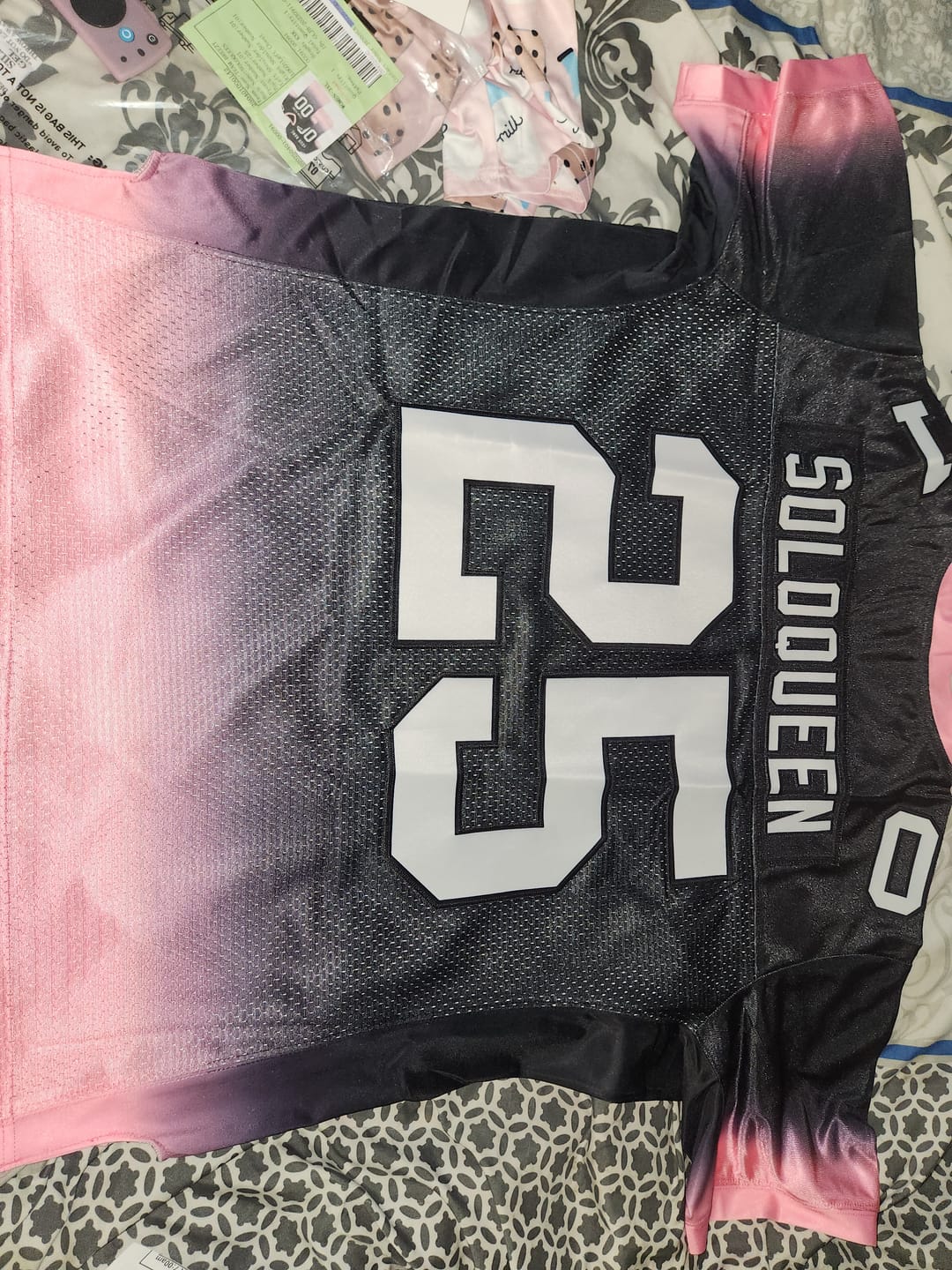 Customer photo review of Custom Black Pink-White Gradient Fashion Personalized Team Football Jersey