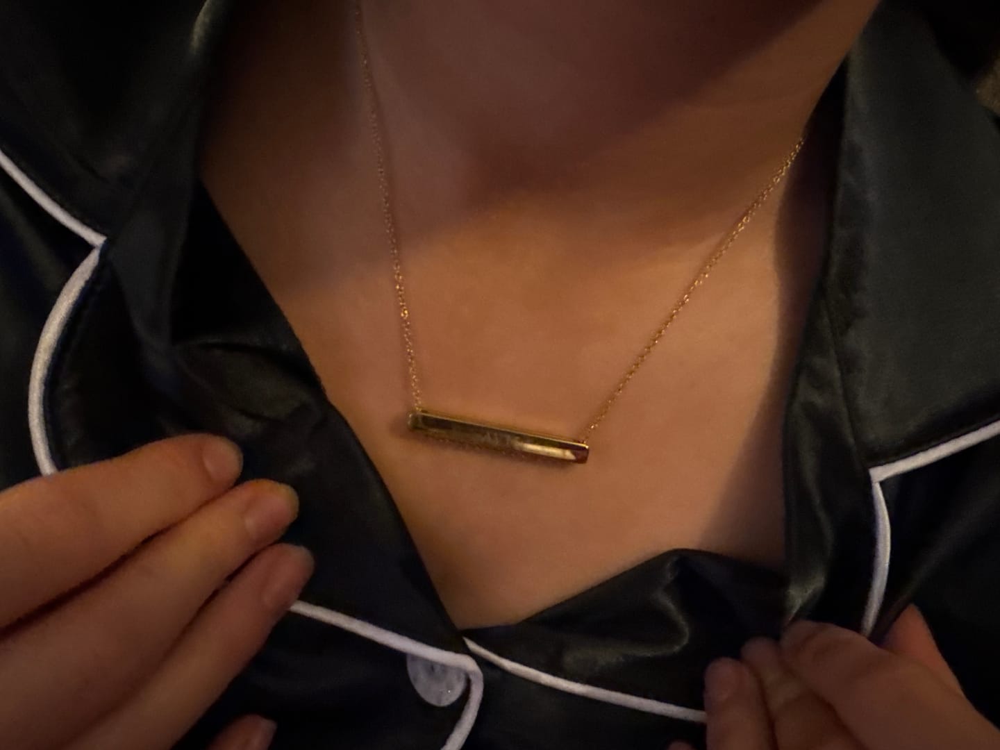 Customer photo review of 4cm Letter Bar Necklace in Gold Horizontal