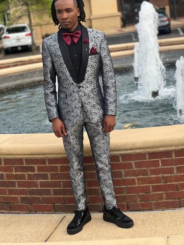 Customer photo review of Mens 2-Piece Shawl Lapel Jacquard Silver Tuxedo