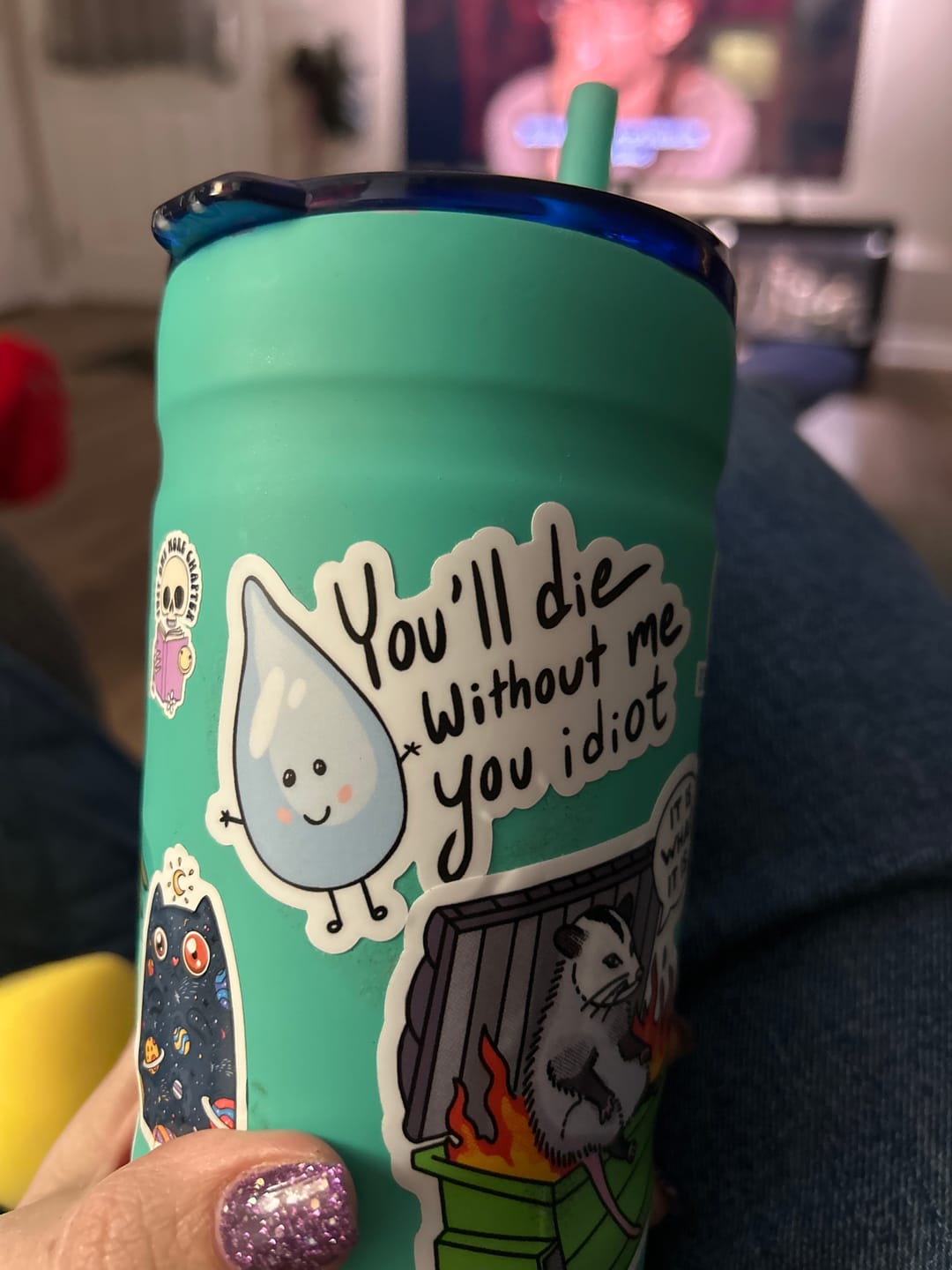 Customer photo review of "You will die without me you idiot" water sticker