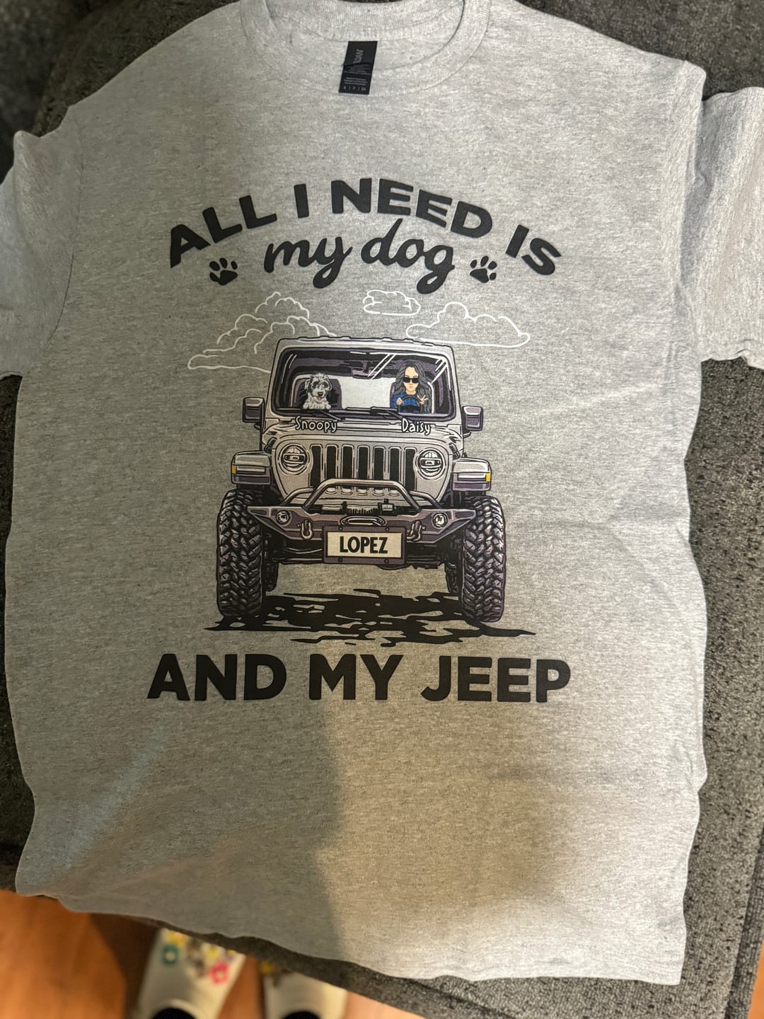 Customer photo review of JP Girl Personalized Shirt All I Need Is My Dogs and My JP CTM00
