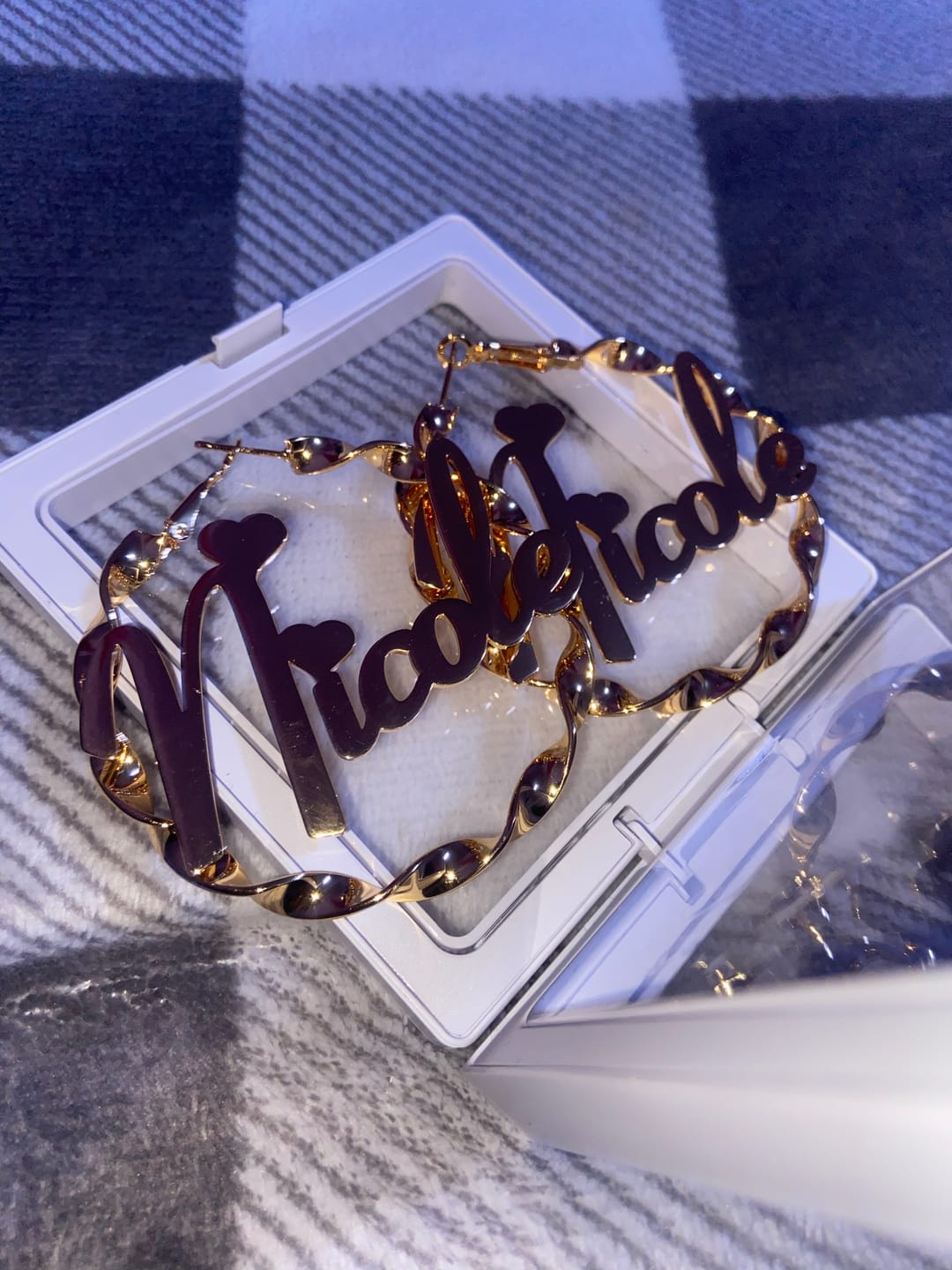 Customer photo review of Name Twirl Hoop Earrings