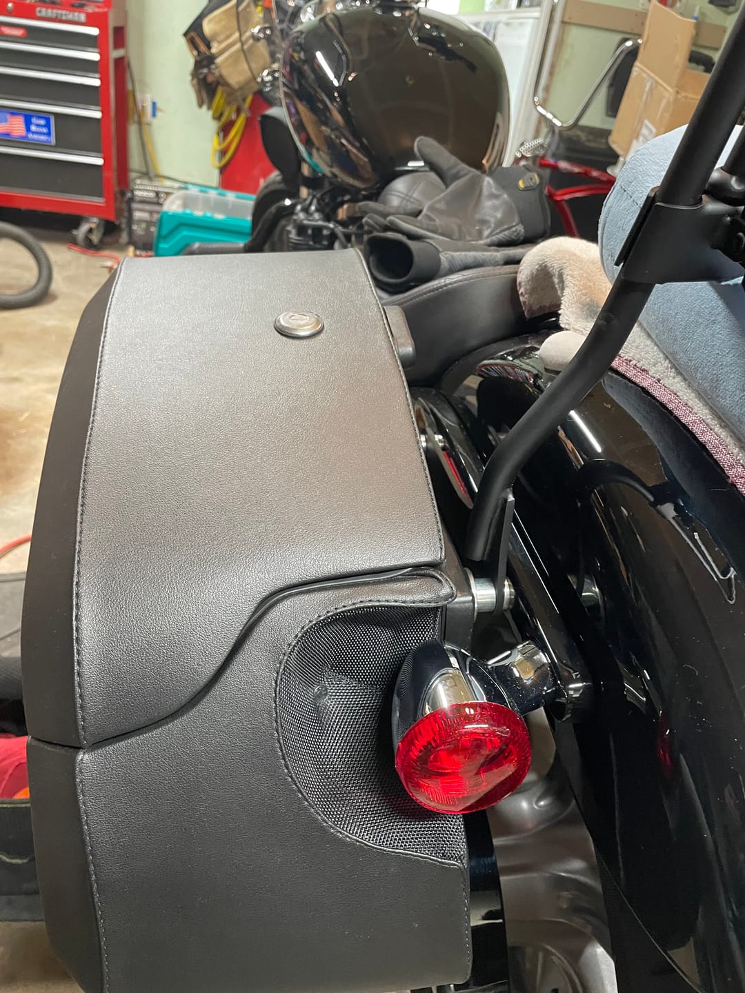 Customer photo review of 32L - Darkin Large Quick Mount Leather Wrapped Hard Saddlebags for Harley Softail Standard FXST
