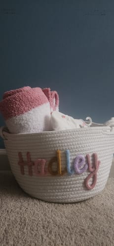 Customer photo review of Baby Knits™  Multicolor Personalized Knitted Basket
