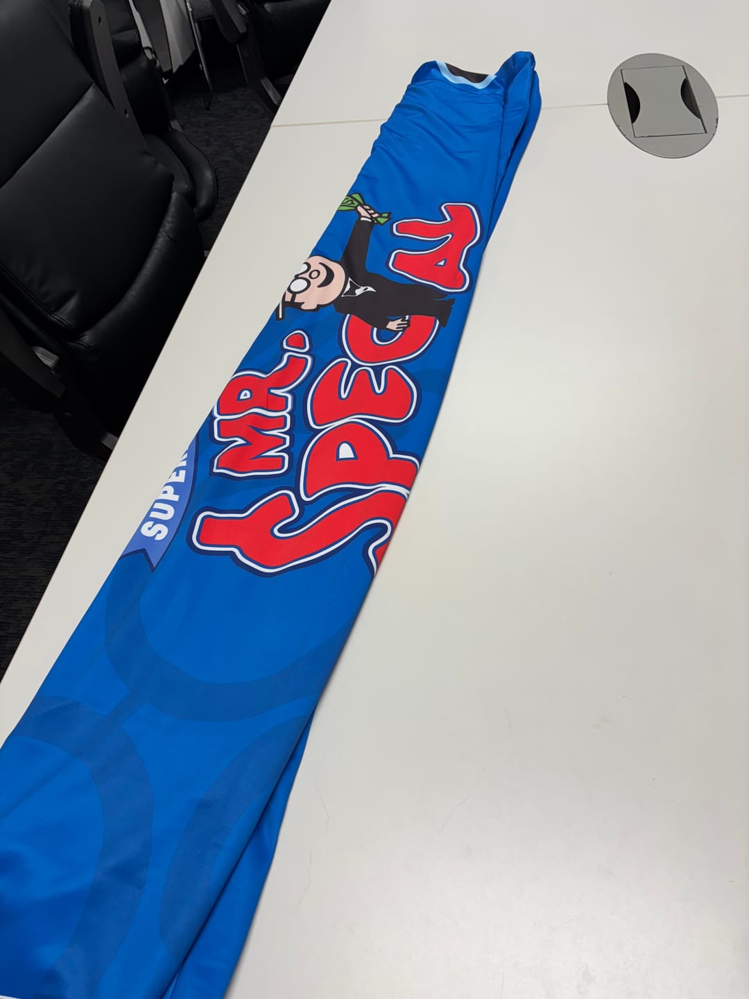 Customer photo review of Premium Stretch Table Cover (Full-Color Dye Sublimation, Full Bleed)