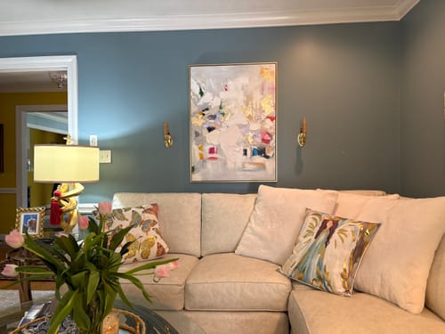 Customer photo review of Golden Blossom-Vertical Abstract Textured Oil Painting in Gold & Lavender