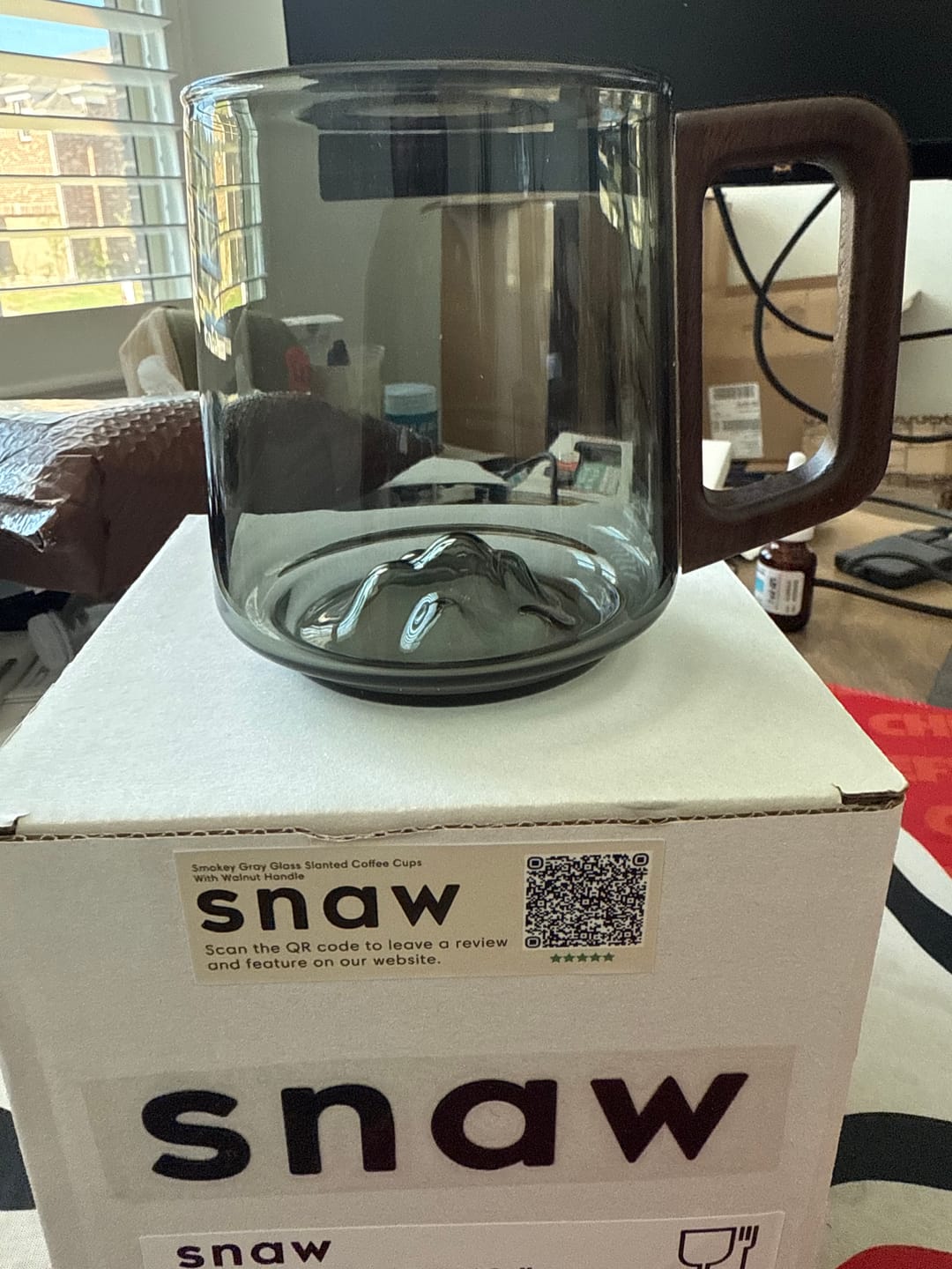 Customer photo review of Smokey Gray Glass Slanted Coffee Cups With Wooden Handle