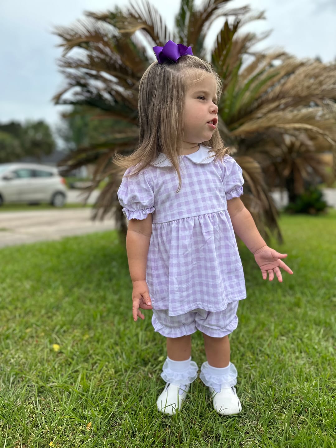 Customer photo review of Riley Gingham Knit Bloomer Set Purple