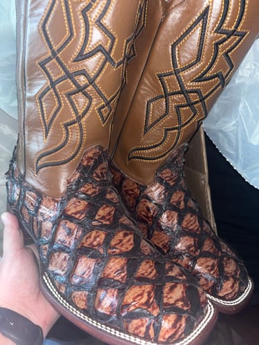Customer photo review of Cognac Giant Pirarucu Leather Boots - Square Toe