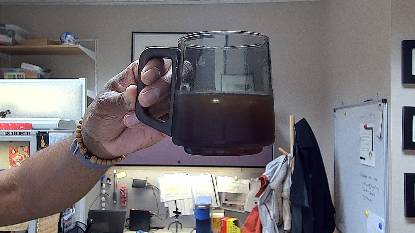 Customer photo review of Smokey Gray Glass Slanted Coffee Cups With Wooden Handle