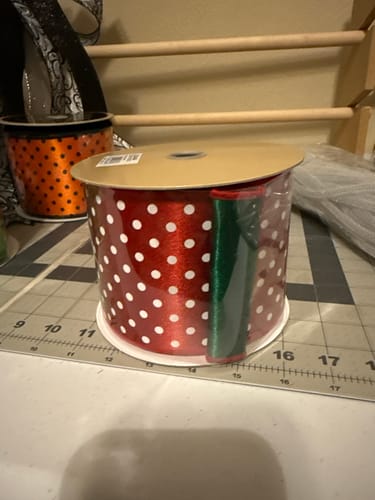 Customer photo review of 4"X10Yd Small Polka Dot/Fused Red/White/Emerald LX30444N