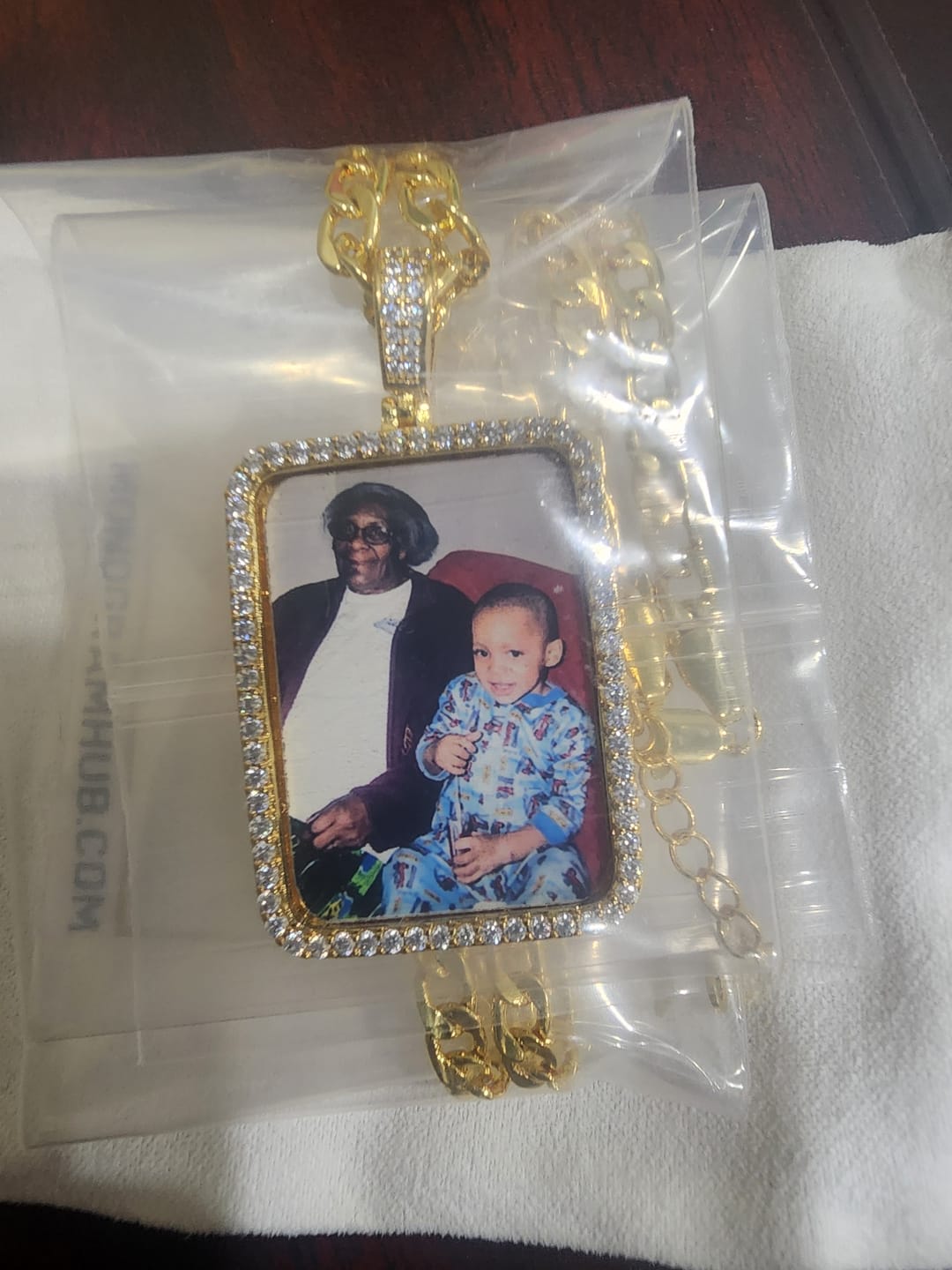 Customer photo review of Small Iced Out Rectangle Photo Pendant