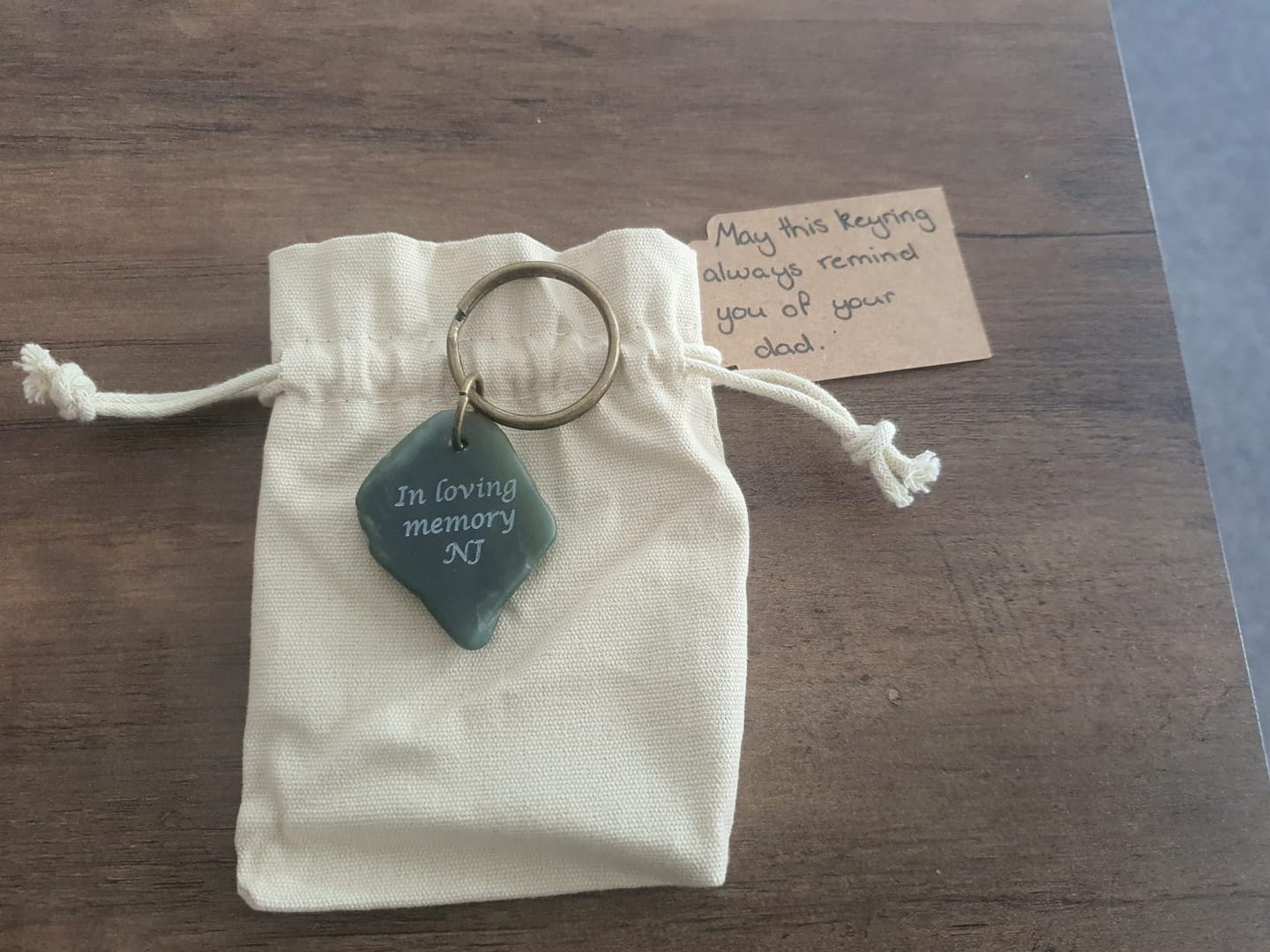 Customer photo review of Engraved Greenstone Key Ring
