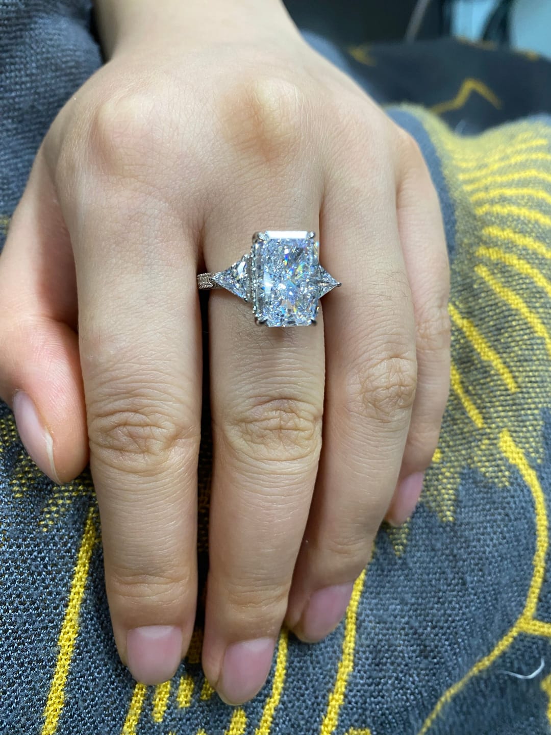 Customer photo review of S925 5.0 Carat Radiant Cut White/Pink Three Stone Engagement Ring With Hidden Halo For Everyday Wear