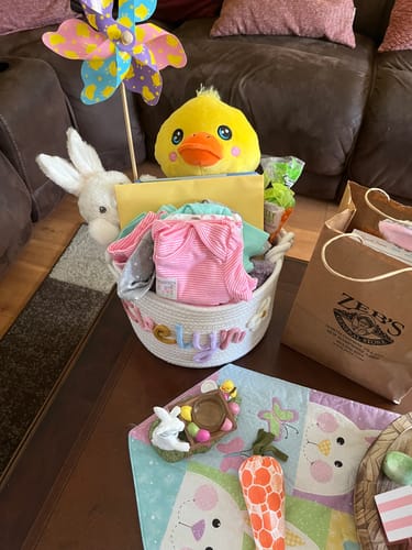 Customer photo review of Baby Knits™  Multicolor Personalized Knitted Basket