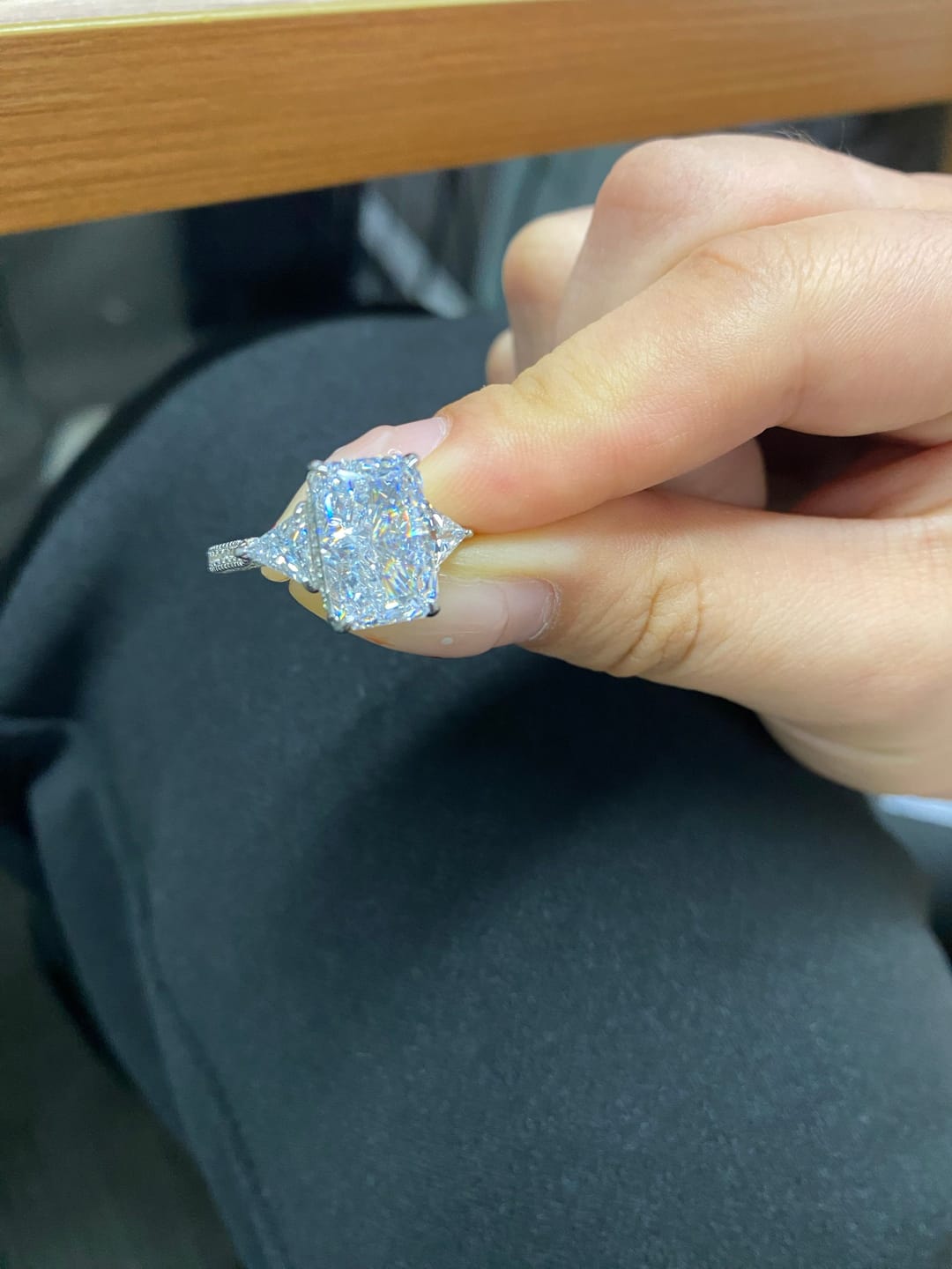 Customer photo review of S925 5.0 Carat Radiant Cut White/Pink Three Stone Engagement Ring With Hidden Halo For Everyday Wear