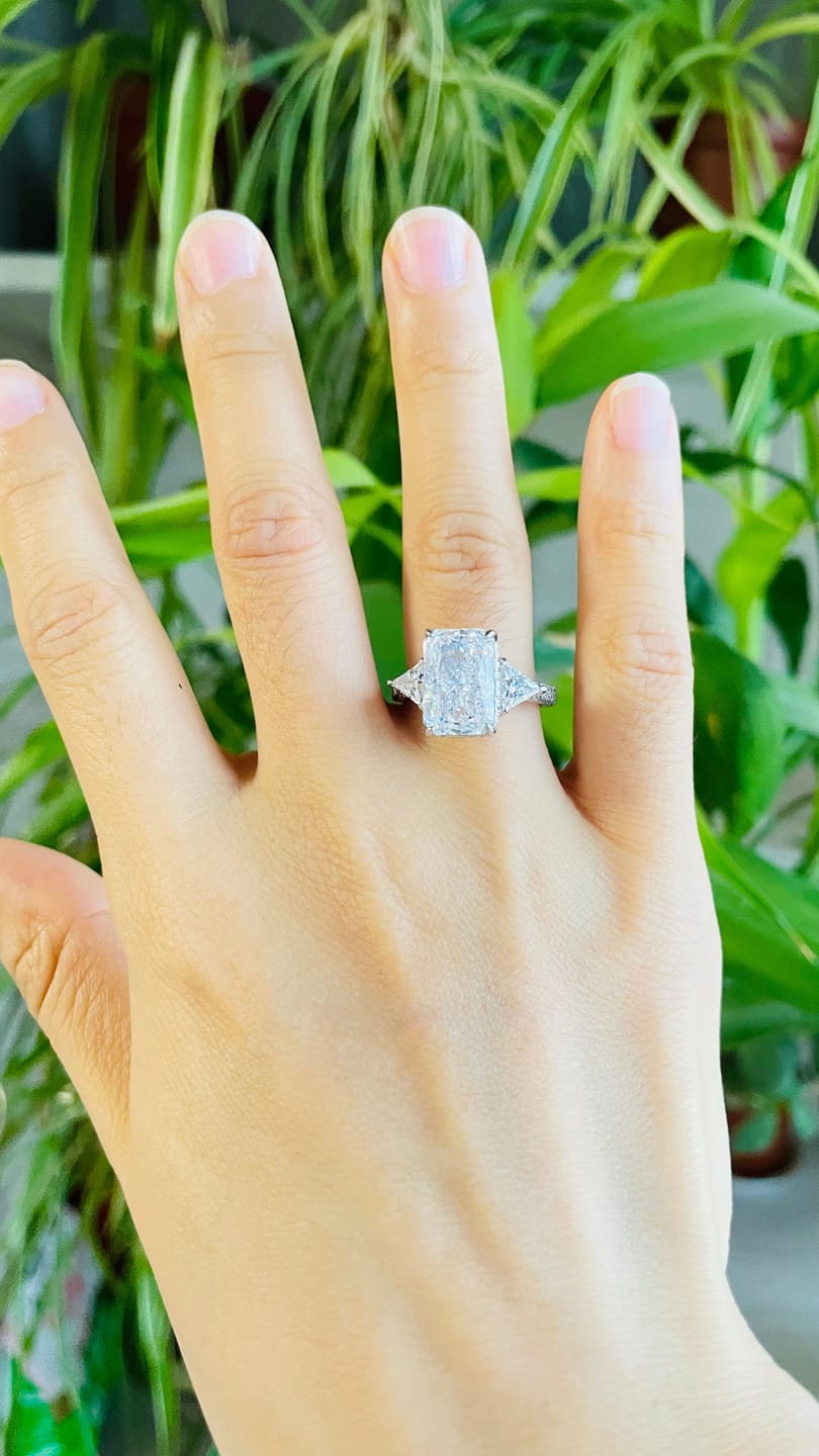 Customer photo review of S925 5.0 Carat Radiant Cut White/Pink Three Stone Engagement Ring With Hidden Halo For Everyday Wear